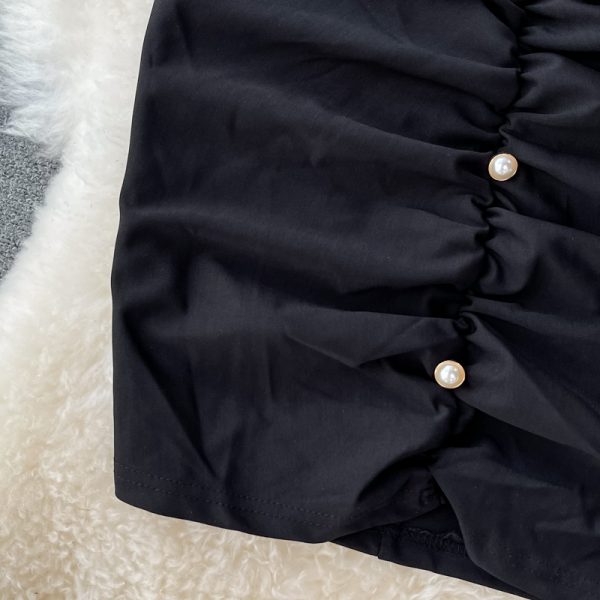Summer New French Style Temperament Pleated Bow Square Collar Sheath Dress Waist Slimming Hepburn Black Dress - Image 4