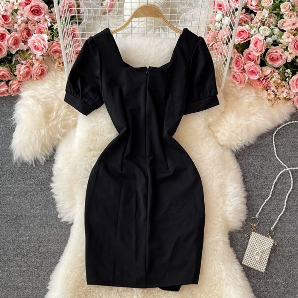 Summer New French Style Temperament Pleated Bow Square Collar Sheath Dress Waist Slimming Hepburn Black Dress - Image 5