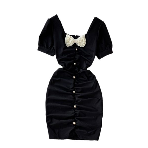 Summer New French Style Temperament Pleated Bow Square Collar Sheath Dress Waist Slimming Hepburn Black Dress - Image 6