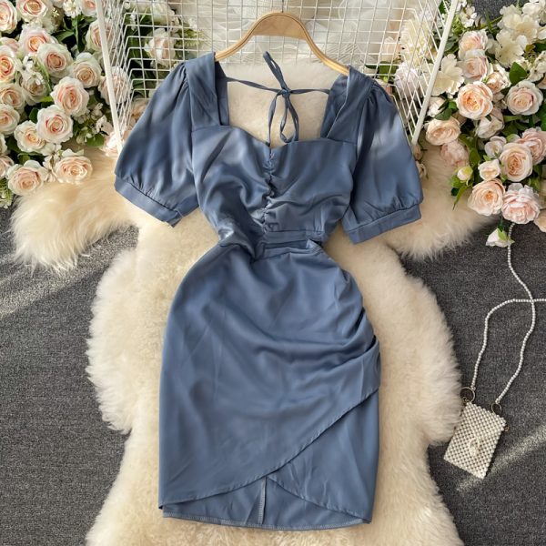 Square Collar Dress Women’s Summer New French Socialite Slimming Pleated Waist Tight Irregular Short Hip Skirt