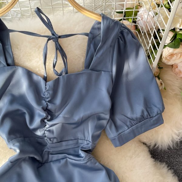 Square Collar Dress Women’s Summer New French Socialite Slimming Pleated Waist Tight Irregular Short Hip Skirt - Image 3
