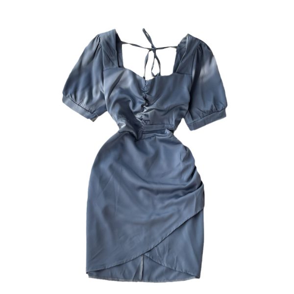 Square Collar Dress Women’s Summer New French Socialite Slimming Pleated Waist Tight Irregular Short Hip Skirt - Image 6