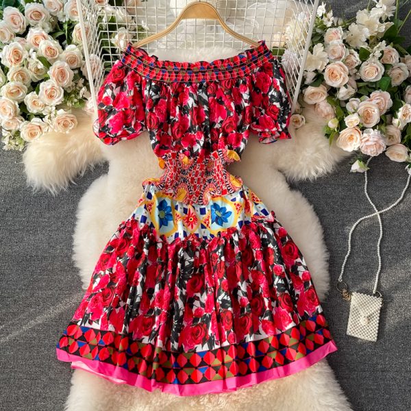 Summer New Waist-Tight off-Shoulder Shoulder-Baring Puff Sleeve Sweet Slim Fit Slimming Rose Printed Dress