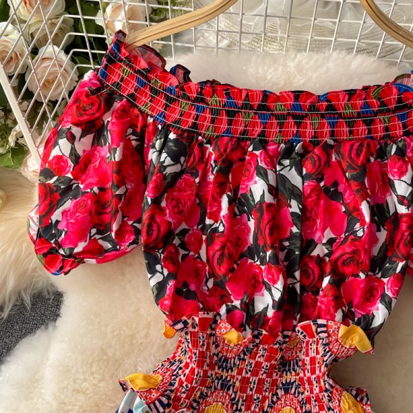 Summer New Waist-Tight off-Shoulder Shoulder-Baring Puff Sleeve Sweet Slim Fit Slimming Rose Printed Dress - Image 3