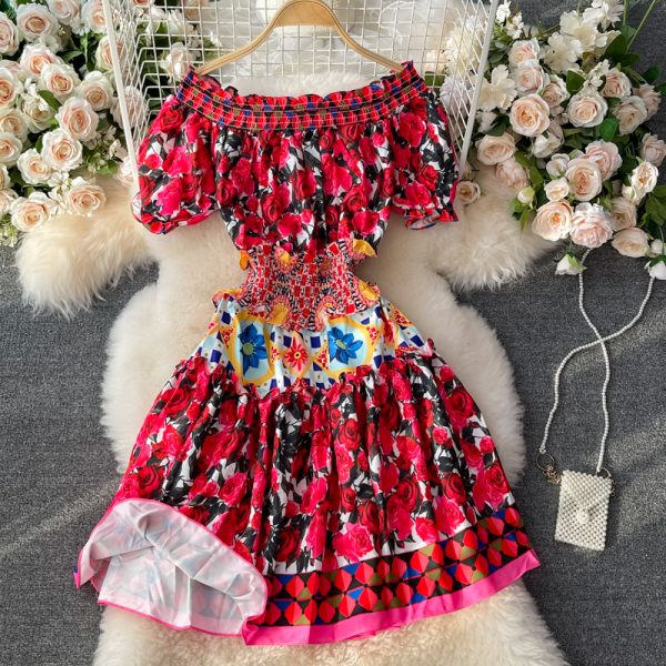 Summer New Waist-Tight off-Shoulder Shoulder-Baring Puff Sleeve Sweet Slim Fit Slimming Rose Printed Dress - Image 5