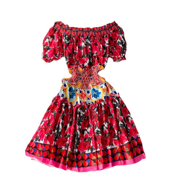 Summer New Waist-Tight off-Shoulder Shoulder-Baring Puff Sleeve Sweet Slim Fit Slimming Rose Printed Dress - Image 6