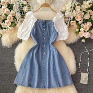 Square Collar Puff Sleeve Denim Dress for Women Summer New Small Waist Slimming Elegant A- line Skirt Short Skirt