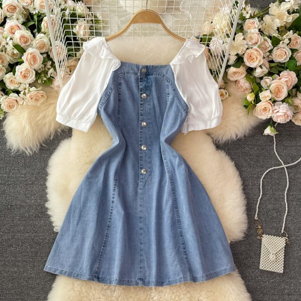 Square Collar Puff Sleeve Denim Dress for Women Summer New Small Waist Slimming Elegant A- line Skirt Short Skirt - Image 2