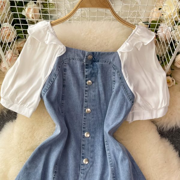 Square Collar Puff Sleeve Denim Dress for Women Summer New Small Waist Slimming Elegant A- line Skirt Short Skirt - Image 3