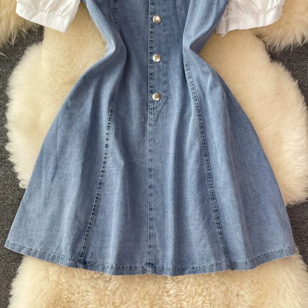 Square Collar Puff Sleeve Denim Dress for Women Summer New Small Waist Slimming Elegant A- line Skirt Short Skirt - Image 4