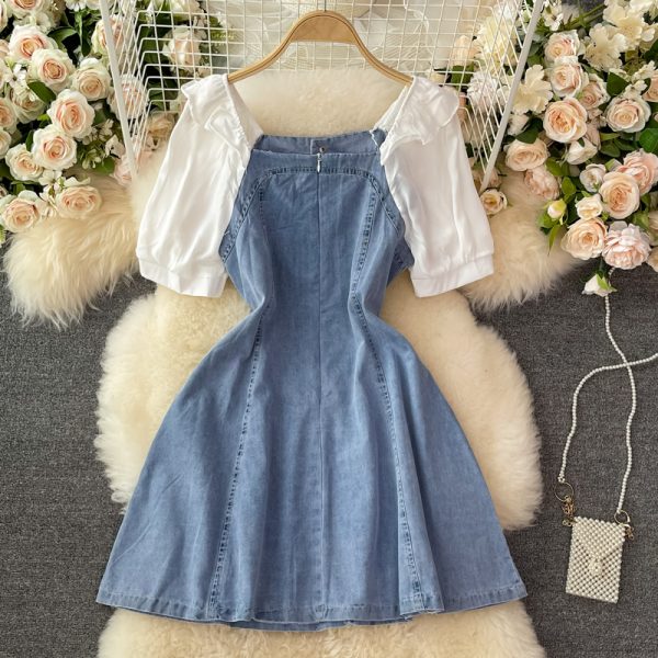 Square Collar Puff Sleeve Denim Dress for Women Summer New Small Waist Slimming Elegant A- line Skirt Short Skirt - Image 5