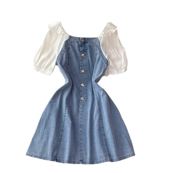 Square Collar Puff Sleeve Denim Dress for Women Summer New Small Waist Slimming Elegant A- line Skirt Short Skirt - Image 6