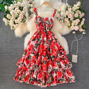 Bali High Waist Slimming Printed Sling Cake Dress Seaside Holiday Beach Dress Ladies Large Swing Dress Summer