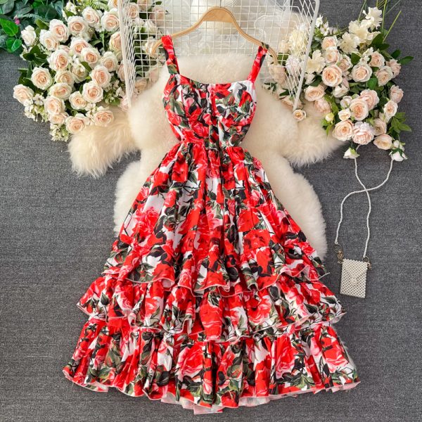 Bali High Waist Slimming Printed Sling Cake Dress Seaside Holiday Beach Dress Ladies Large Swing Dress Summer