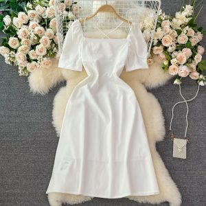 First Love Bubble Sleeve Square Collar White Chiffon Dress New Women’s Summer French Gentle Sweet Super Fairy Dress