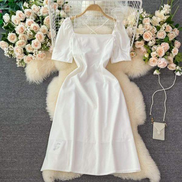 First Love Bubble Sleeve Square Collar White Chiffon Dress New Women’s Summer French Gentle Sweet Super Fairy Dress - Image 2