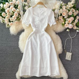 French open back white square neck dress short sleeve summer high waist slimming temperament slim first love dress long skirt