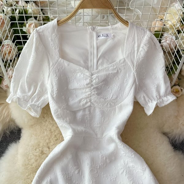 French open back white square neck dress short sleeve summer high waist slimming temperament slim first love dress long skirt - Image 3