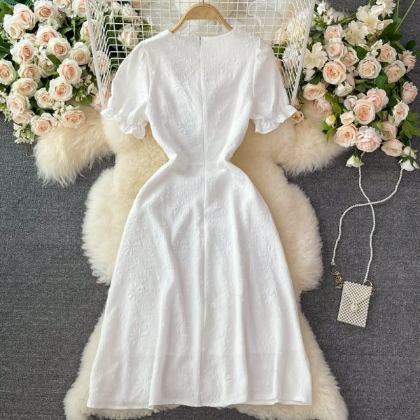 French open back white square neck dress short sleeve summer high waist slimming temperament slim first love dress long skirt - Image 5