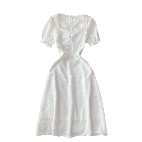 French open back white square neck dress short sleeve summer high waist slimming temperament slim first love dress long skirt - Image 6