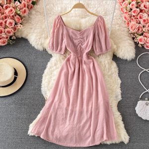 Square Collar Puff Sleeve Dress Summer New French Style Gentle Small Waist-Tight Temperament Mid-Length Skirt