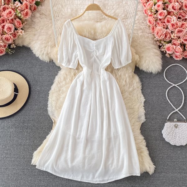 Square Collar Puff Sleeve Dress Summer New French Style Gentle Small Waist-Tight Temperament Mid-Length Skirt - Image 3