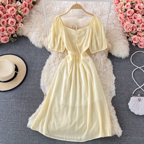 Square Collar Puff Sleeve Dress Summer New French Style Gentle Small Waist-Tight Temperament Mid-Length Skirt - Image 4
