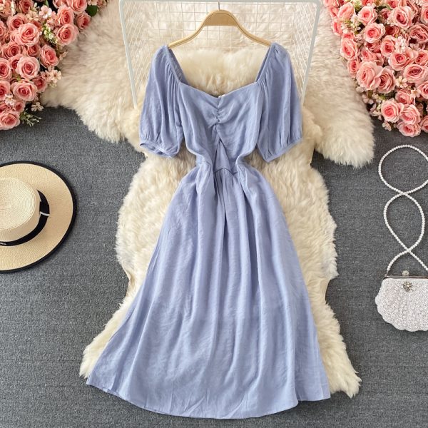 Square Collar Puff Sleeve Dress Summer New French Style Gentle Small Waist-Tight Temperament Mid-Length Skirt - Image 5