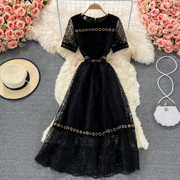 French round Neck Lace Dress for Women Summer New Fairy Lady Super Fairy Mori Style Waist-Tight Slimming Elegant Long Dress - Image 3