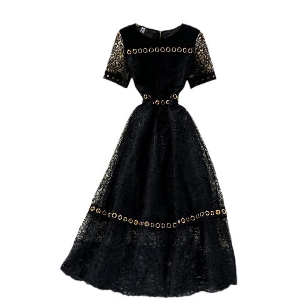 French round Neck Lace Dress for Women Summer New Fairy Lady Super Fairy Mori Style Waist-Tight Slimming Elegant Long Dress - Image 6