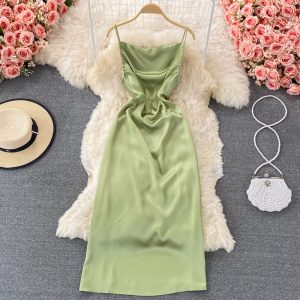 Summer New French Style Gentle Elegant Lady Backless Dress Acetate Satin Strap Dress