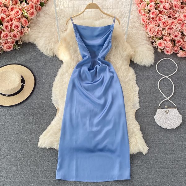 Summer New French Style Gentle Elegant Lady Backless Dress Acetate Satin Strap Dress - Image 3