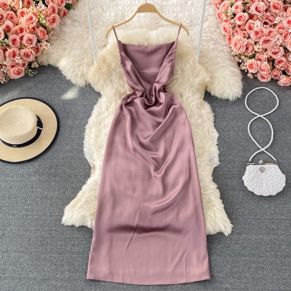 Summer New French Style Gentle Elegant Lady Backless Dress Acetate Satin Strap Dress - Image 5