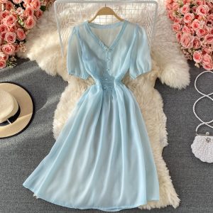 Gentle Sweet Spaghetti-Strap Floral Skirt New Summer V-neck Puff Sleeve A- line Gauzy Overskirt Dress Two-Piece Suit