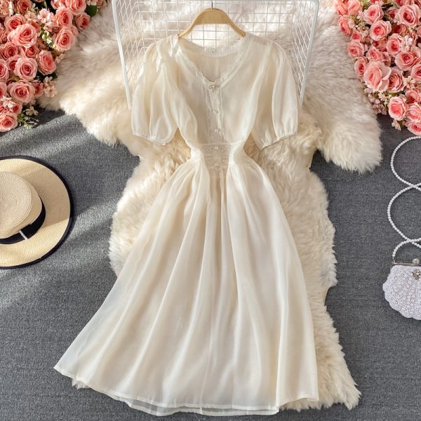 Gentle Sweet Spaghetti-Strap Floral Skirt New Summer V-neck Puff Sleeve A- line Gauzy Overskirt Dress Two-Piece Suit - Image 3