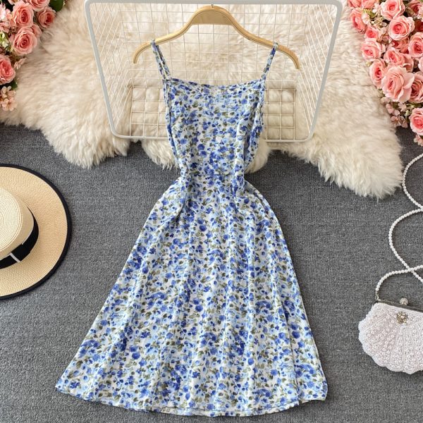 Gentle Sweet Spaghetti-Strap Floral Skirt New Summer V-neck Puff Sleeve A- line Gauzy Overskirt Dress Two-Piece Suit - Image 4