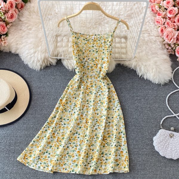 Gentle Sweet Spaghetti-Strap Floral Skirt New Summer V-neck Puff Sleeve A- line Gauzy Overskirt Dress Two-Piece Suit - Image 5