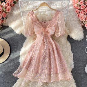 Organza Sweet Bow Fairy Square Collar Puff Sleeve Dress Summer New Puff Sleeve Princess Dress Short Skirt