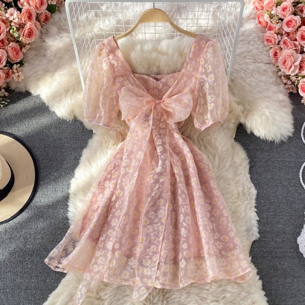 Organza Sweet Bow Fairy Square Collar Puff Sleeve Dress Summer New Puff Sleeve Princess Dress Short Skirt - Image 2