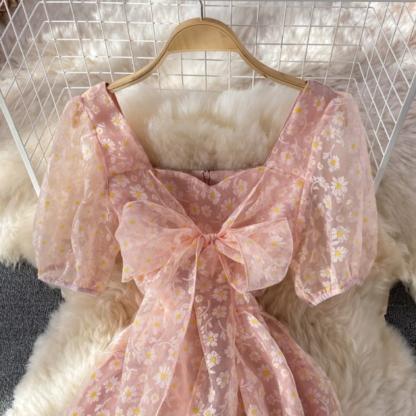 Organza Sweet Bow Fairy Square Collar Puff Sleeve Dress Summer New Puff Sleeve Princess Dress Short Skirt - Image 3
