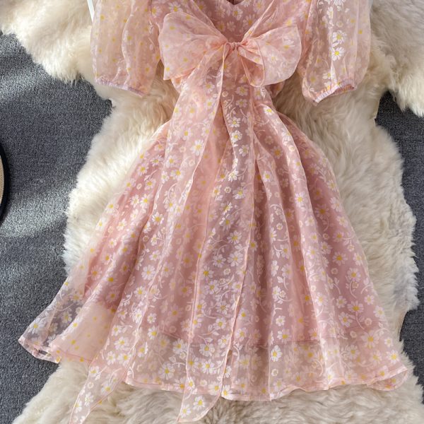 Organza Sweet Bow Fairy Square Collar Puff Sleeve Dress Summer New Puff Sleeve Princess Dress Short Skirt - Image 4