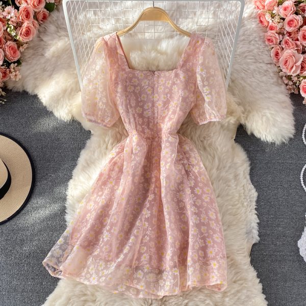 Organza Sweet Bow Fairy Square Collar Puff Sleeve Dress Summer New Puff Sleeve Princess Dress Short Skirt - Image 5