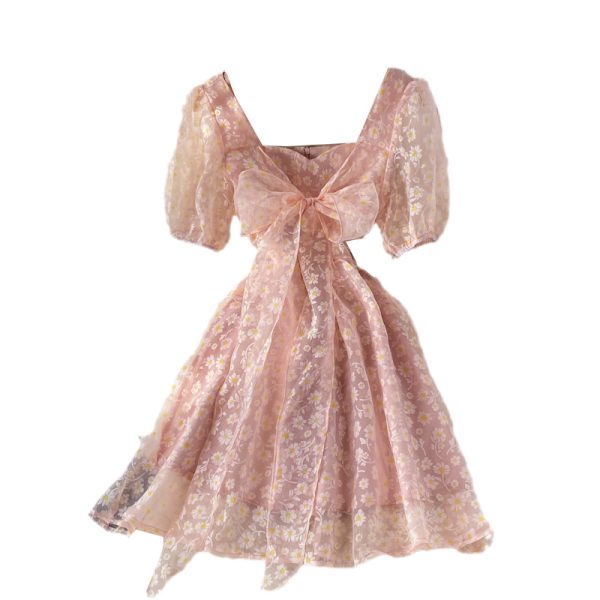 Organza Sweet Bow Fairy Square Collar Puff Sleeve Dress Summer New Puff Sleeve Princess Dress Short Skirt - Image 6