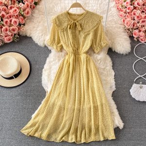 French Retro Sweet Floral Chiffon Dress Short Sleeve Summer New Waist Slimming Large Hem Long Dress