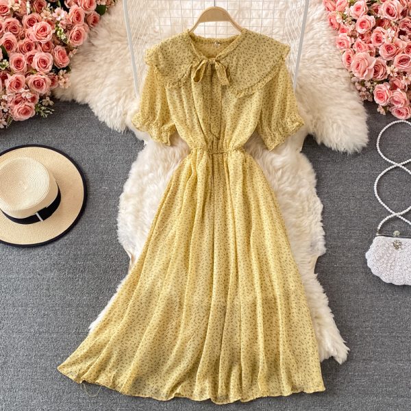 French Retro Sweet Floral Chiffon Dress Short Sleeve Summer New Waist Slimming Large Hem Long Dress