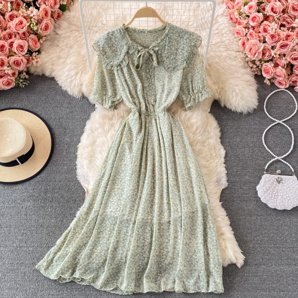 French Retro Sweet Floral Chiffon Dress Short Sleeve Summer New Waist Slimming Large Hem Long Dress - Image 3