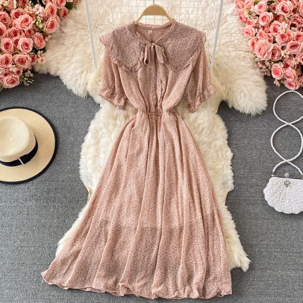 French Retro Sweet Floral Chiffon Dress Short Sleeve Summer New Waist Slimming Large Hem Long Dress - Image 4