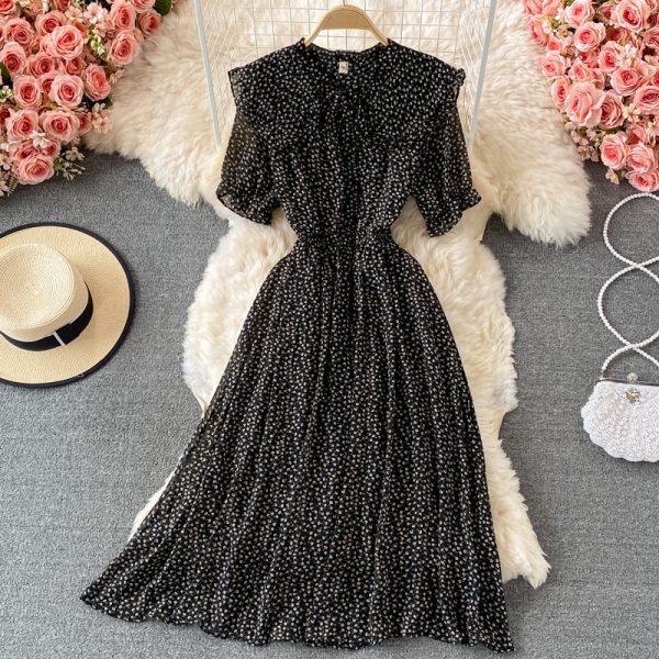 French Retro Sweet Floral Chiffon Dress Short Sleeve Summer New Waist Slimming Large Hem Long Dress - Image 5