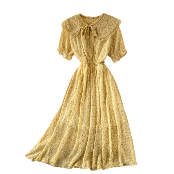 French Retro Sweet Floral Chiffon Dress Short Sleeve Summer New Waist Slimming Large Hem Long Dress - Image 6