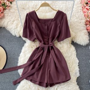 Korean style temperament square neck puff sleeve lace-up waist wide-leg jumpsuit women straight shorts small high waist